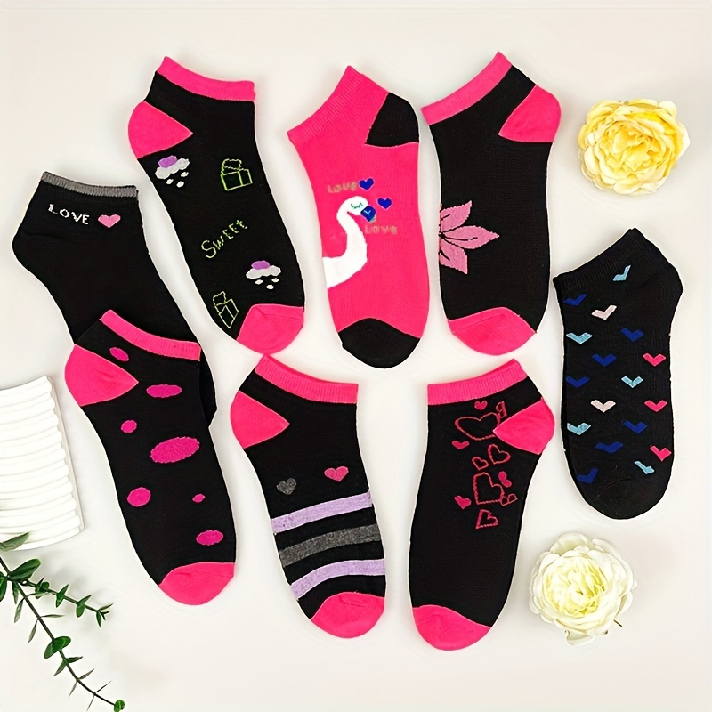 

8 Pairs Creative Color Block Pattern Ankle Socks, Comfy & Breathable Short Socks, Women's Stockings & Hosiery