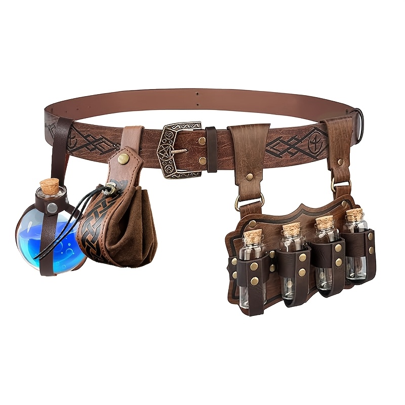 TEMU 4pcs Medieval Embossed Accessory Set, Vintage Renaissance Carved Belt With 4 Bottles, Witch Potion Belt, Coin Pouch For Halloween, Suitable For