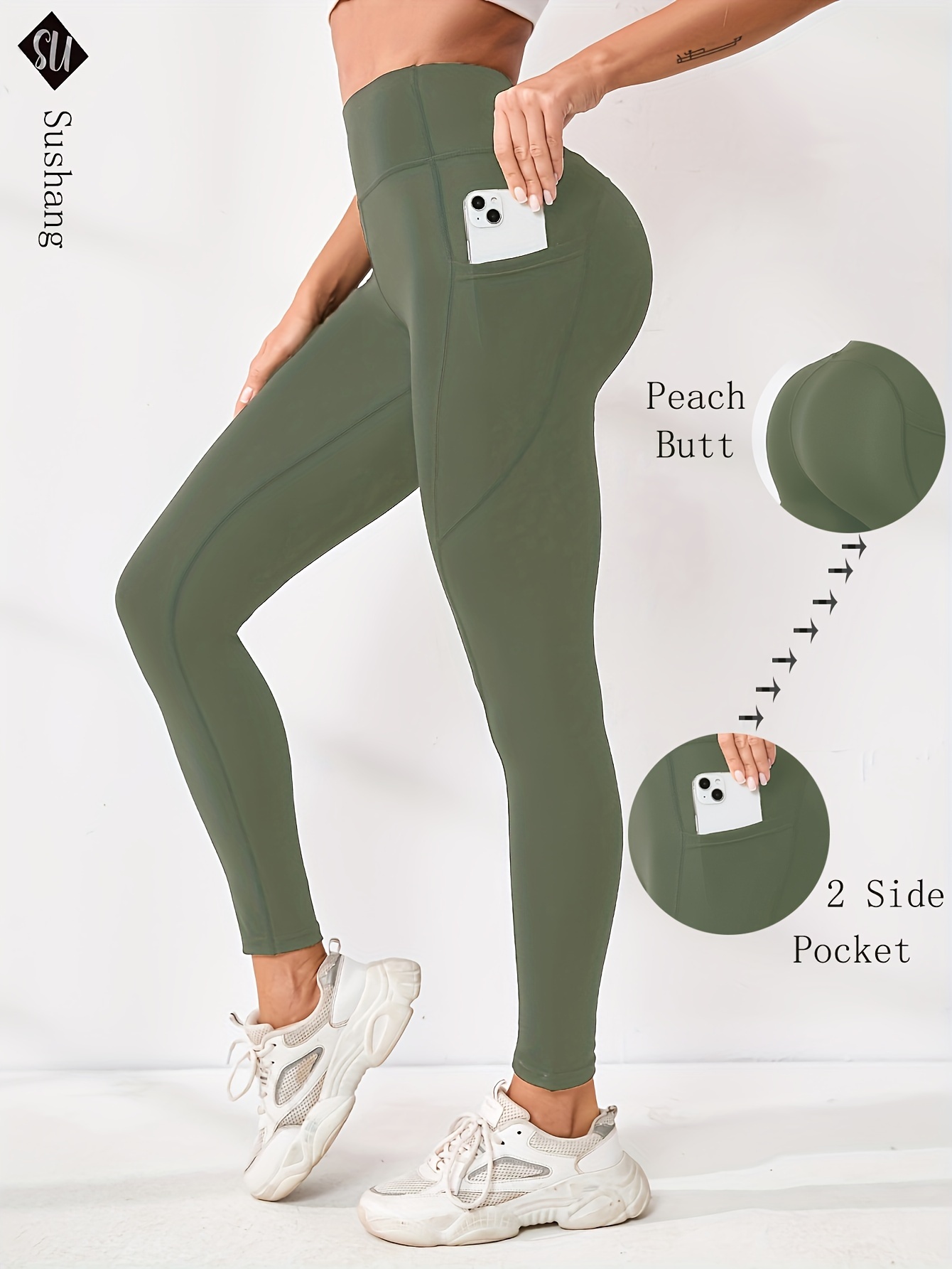 solid color yoga pants pocket high stretch butt lifting Temu