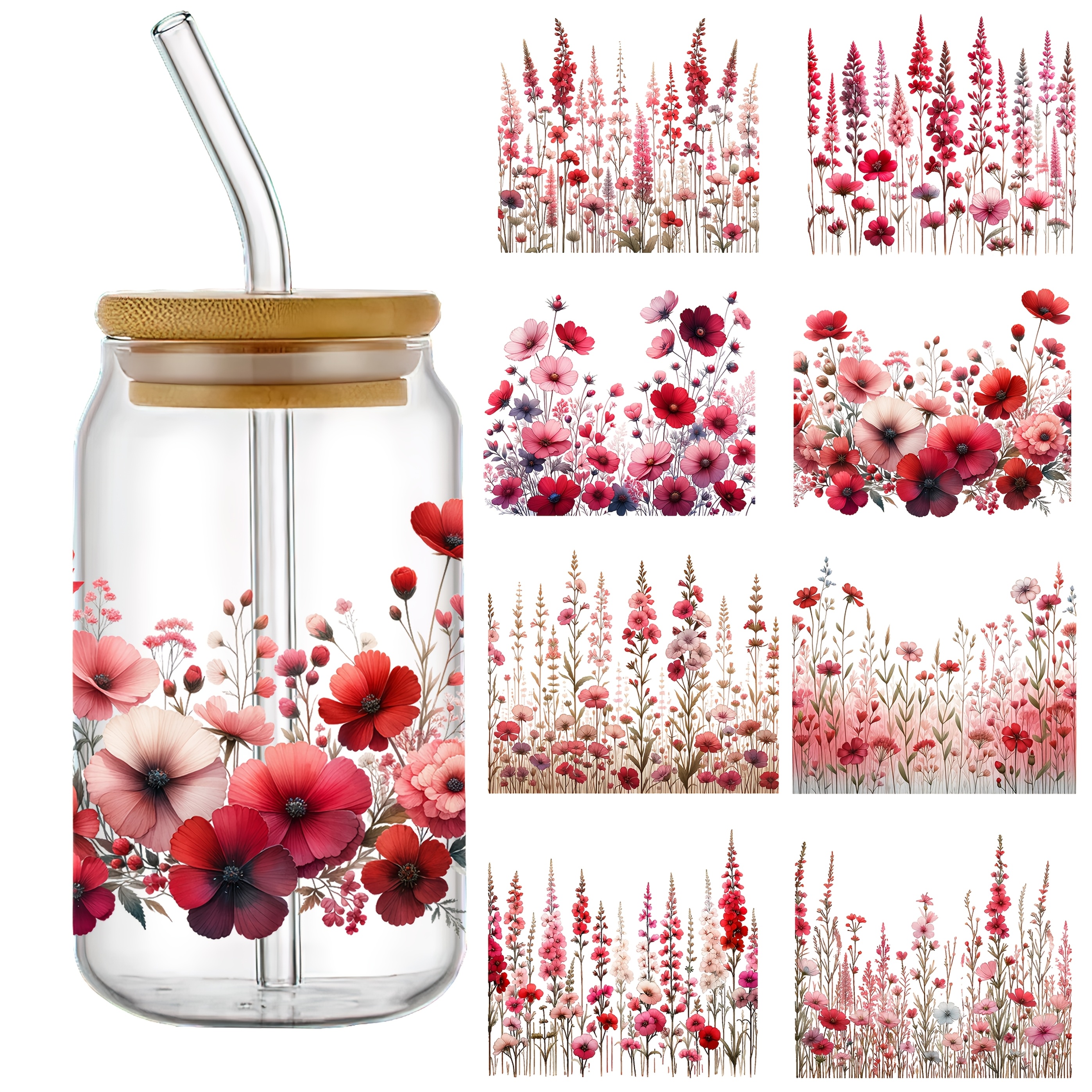 

Set Of 4 Valentines Wildflowers Uv Dtf Self-adhesive Plastic Cup Wraps, Waterproof & Scratch-resistant 3d Crystal Transfer Paper For Tumblers & Bottles - High-quality Decals (4.3"x9.4")