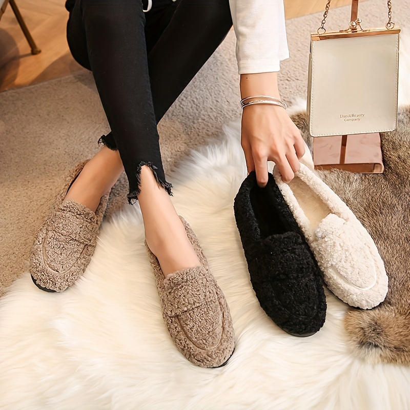 

Women's Solid Color Flat Loafers, Casual Slip On Plush Lined Shoes, Comfortable Winter Shoes