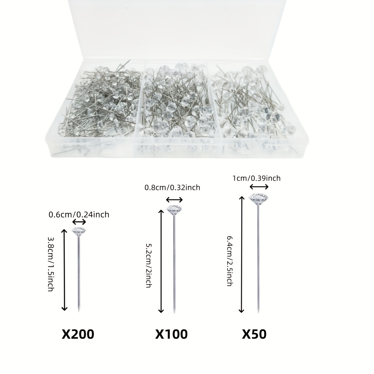 TEMU 350pcs Transparent Diamond Needle Set, Large, Medium, Small 3 Styles Combination, Bouquet Needle, Wig Fixing Needle, Large Head Needle, Used For