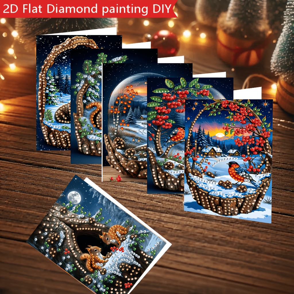 TEMU New 6pcs Winter Snow Scene Animal Diamond Painting Greeting Cards, Daily Greetings, Holiday Cards, Round Rhinestone Painting Card Handmade Set