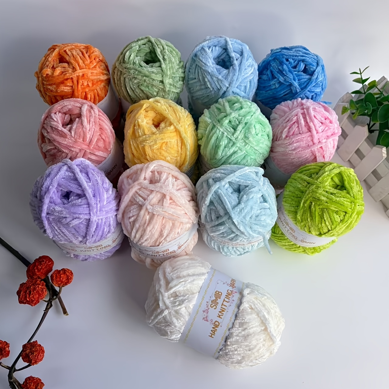 13 Skeins Hand-Knitted Medium-Weight Chenille Yarn Bundle