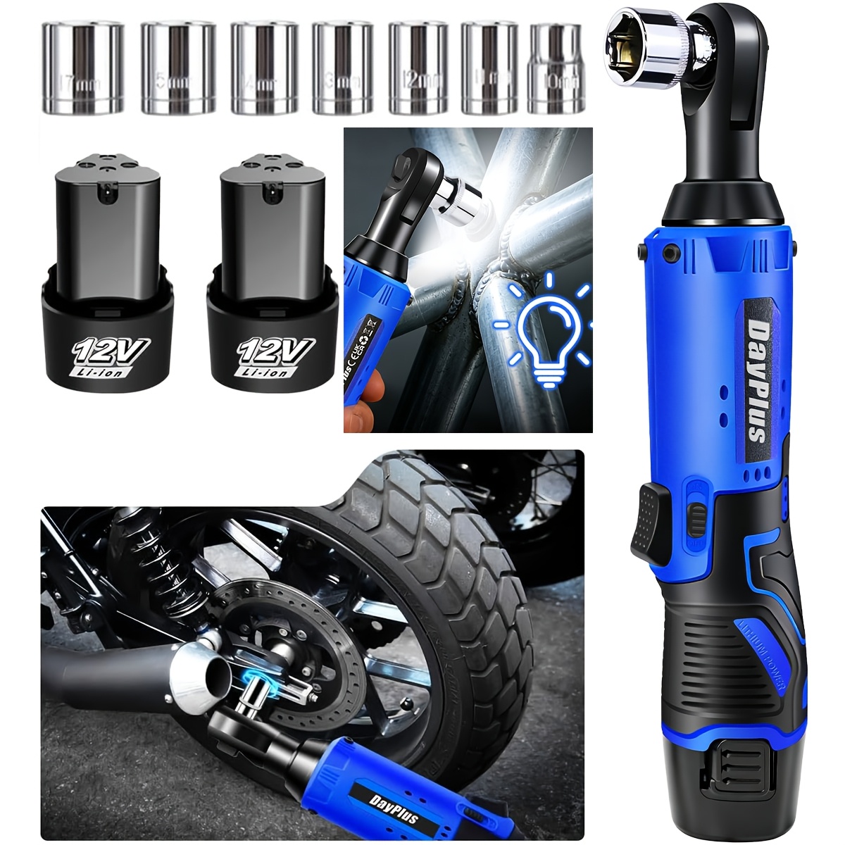 TEMU Cordless Electric Ratchet Wrench Kit, 230rpm 3/8 Inch Power Ratchet Wrench With Variable Speed Trigger 2-pack Li-ion Batteries, 7 Sockets &