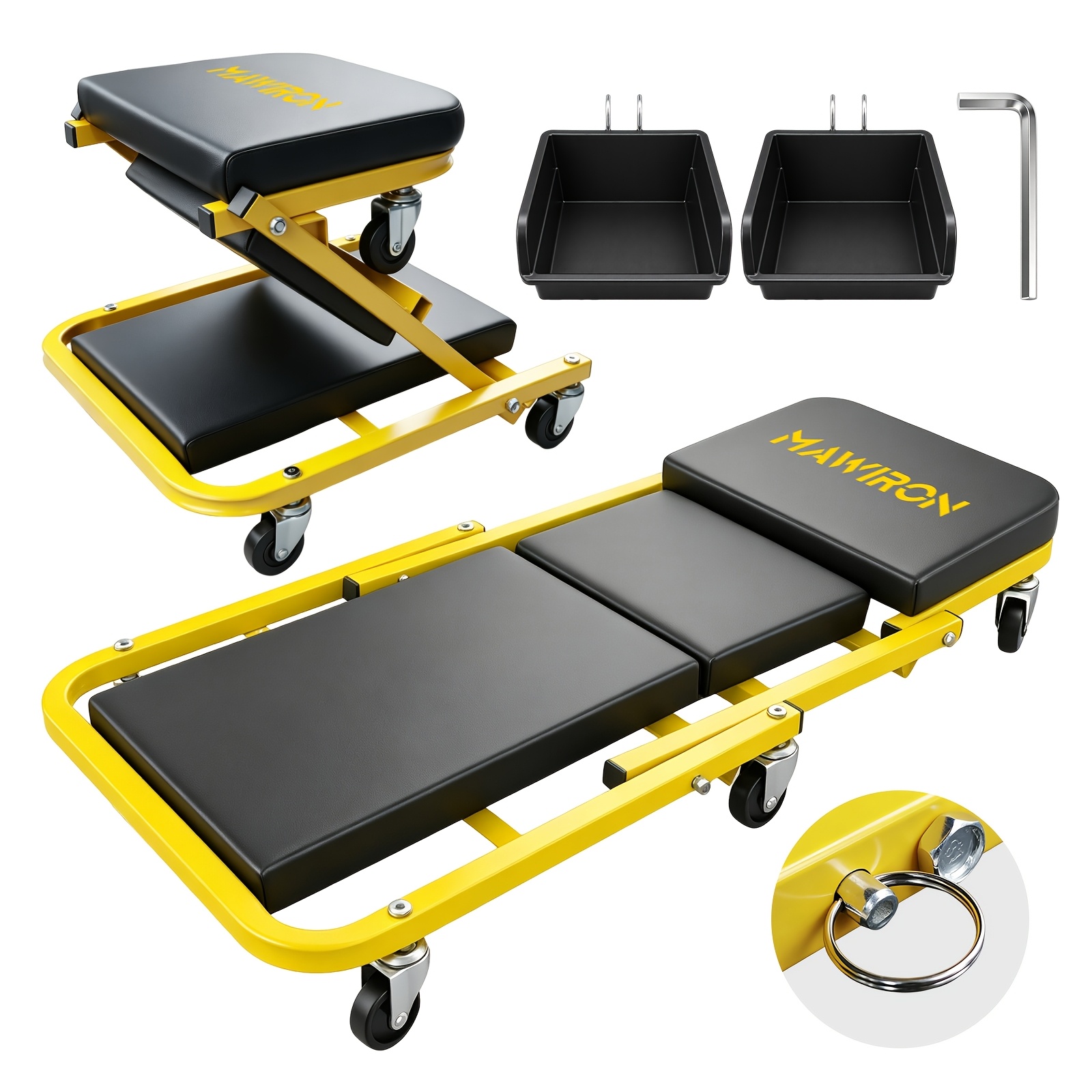 Image of 36 Inch 2-in-1 Convertible Car Creeper With 2 Detachable Tool Storage Trays, Rolling Mechanic Repair Stool With Pu Soft Cushion, Frame 6 Universal Wheels For Maintenance
