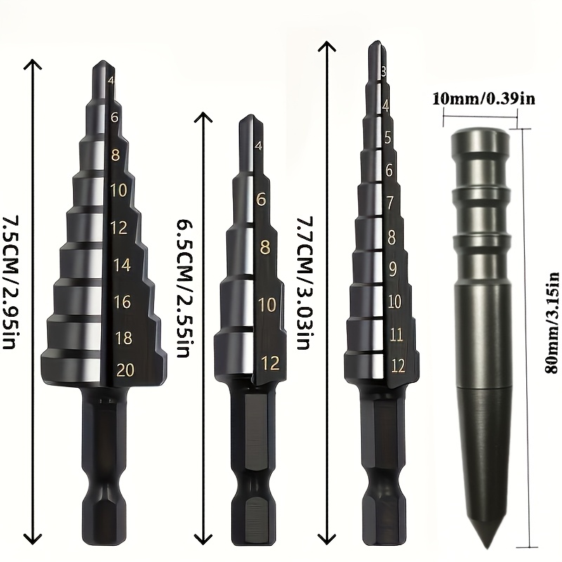 TEMU 4pcs Step Drill Bit Set With Hole Locator, Chrome Alloy Cutting Head, Sizes 4, 4-12, 3-12mm, Suitable For Woodworking And Drilling