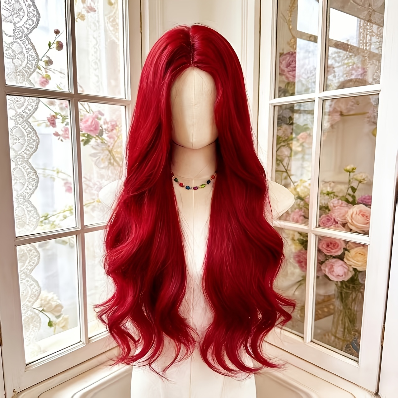 TEMU 26-inch Red Long Wavy Wig With A Middle Part, Made Of Heat-resistant Synthetic Fiber. Features Vibrant Red Long Curly Hair, Suitable For Daily