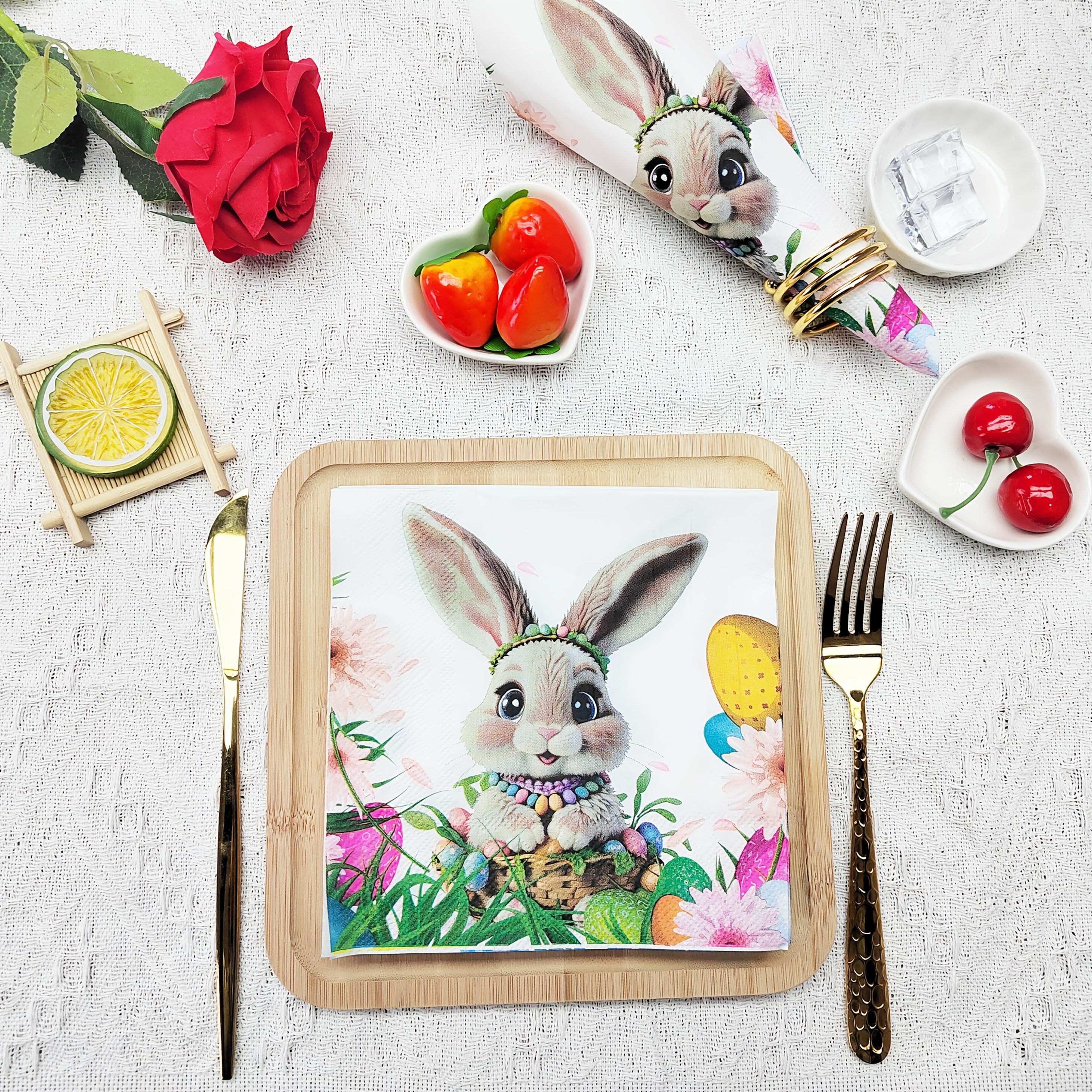 TEMU 20pcs Easter Bunny & Floral Egg Pattern Napkins - 2-ply Disposable Party Tissues For Weddings, Birthdays, And Easter Celebrations, Cute Bunny &