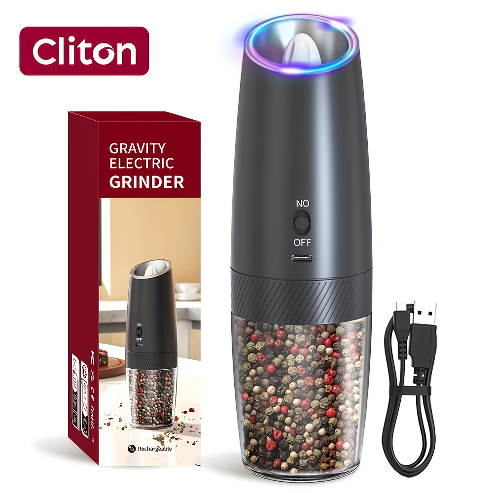   1 2pcs gravity sensing electric salt and pepper grinder usb rechargeable led   hand operation adjustable coarseness grinding rechargeable electric salt and pepper grinder set holiday gift   battery powered version