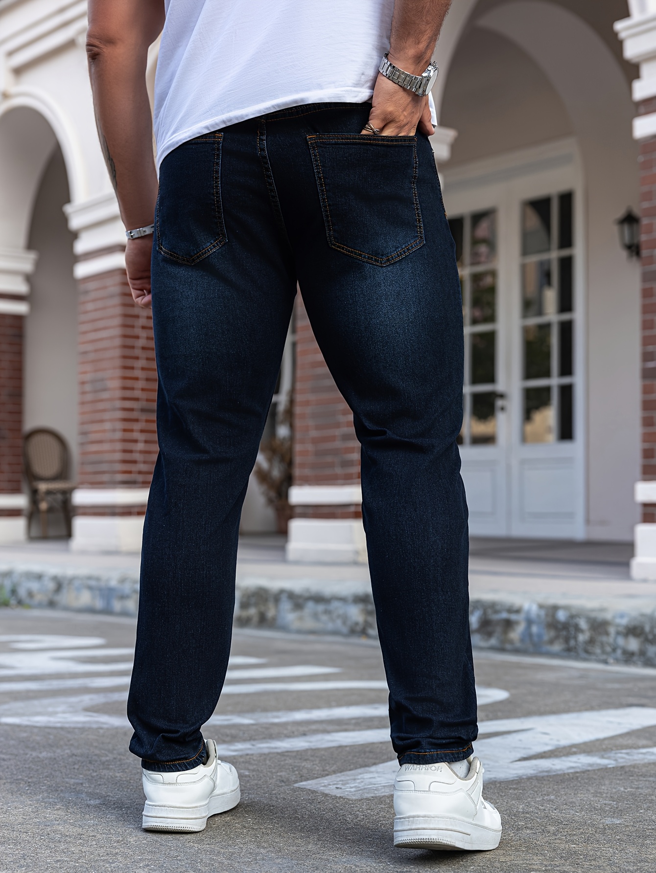 1pc Men'S Classic Stretch Denim Jeans - Casual Slim Fit Regular Length with Built-in Zipper, Medium Waist, Solid Color, All-Season, 270g/m² Fabric Weight, Versatile Solid Color Design