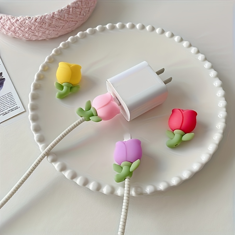 TEMU 4pcs Cute Cable Protectors - Pvc Material, Decorative & Protective Charger Cord Covers For Phones, Computers, And More - Pink, Yellow, Red,, Cord Save