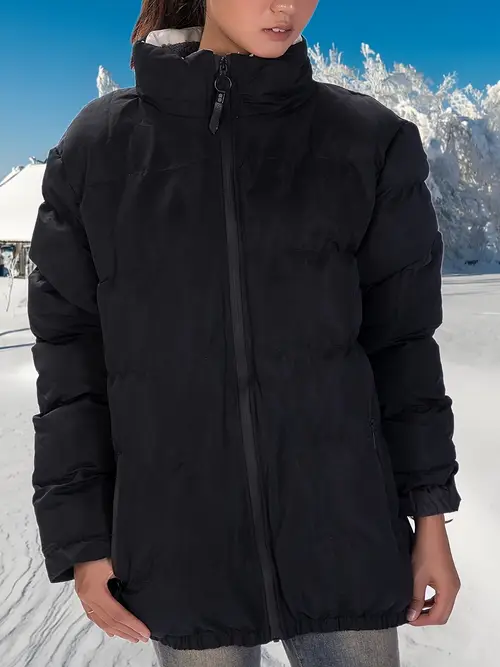 지퍼업 스탠드 칼라 퍼피 코트, 캐주얼 롱 슬리브 포켓 단열 코트 겨울용, 여성 의류