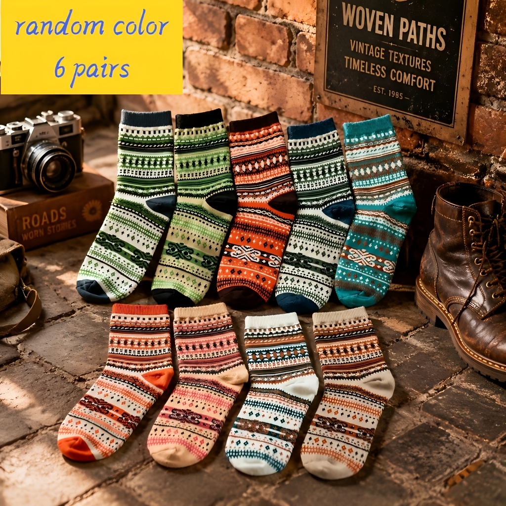 TEMU 6 paires de couleurs aléatoires, douces et chaudes, à rayures colorées et imprimé géométrique, style ethnique vintage, pour femme, pour les et ,