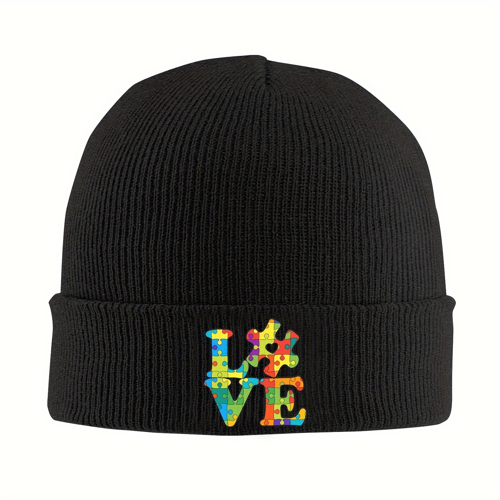 

1pc "love" Autism Awareness Knit Beanie - Warm, Acrylic Winter Ski Hat For , Fashionable Black With Puzzle Piece Design, Hand Washable