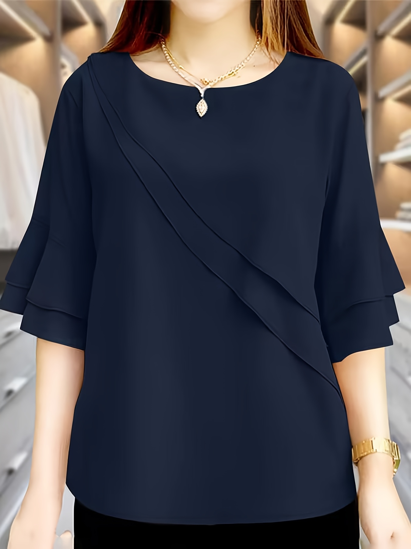 Solid Color * Three-Quarter Sleeve Blouse for Women, Suitable for Spring,  Summer, And Autumn