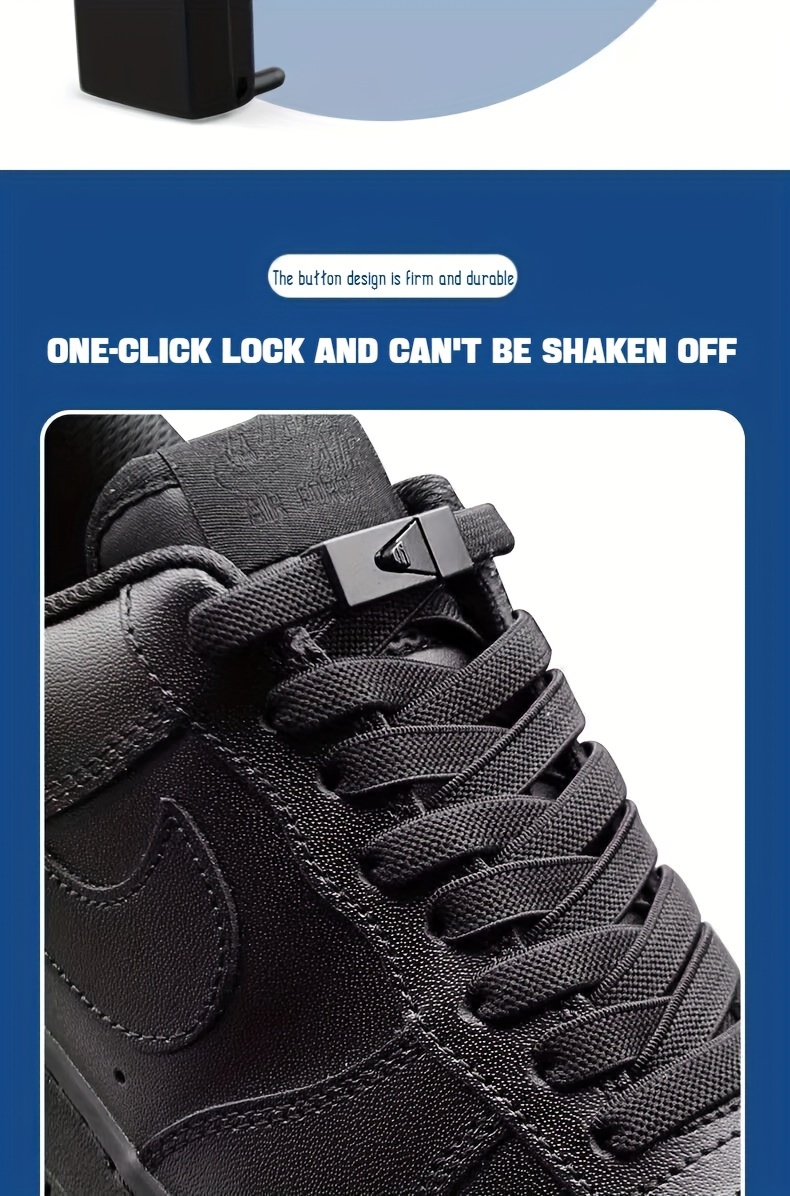 1 Pair of 8mm Wide Elastic Flat Straps with Metal Press Switch Buckle, Free Binding and Tying, Lazyman's Shoelaces