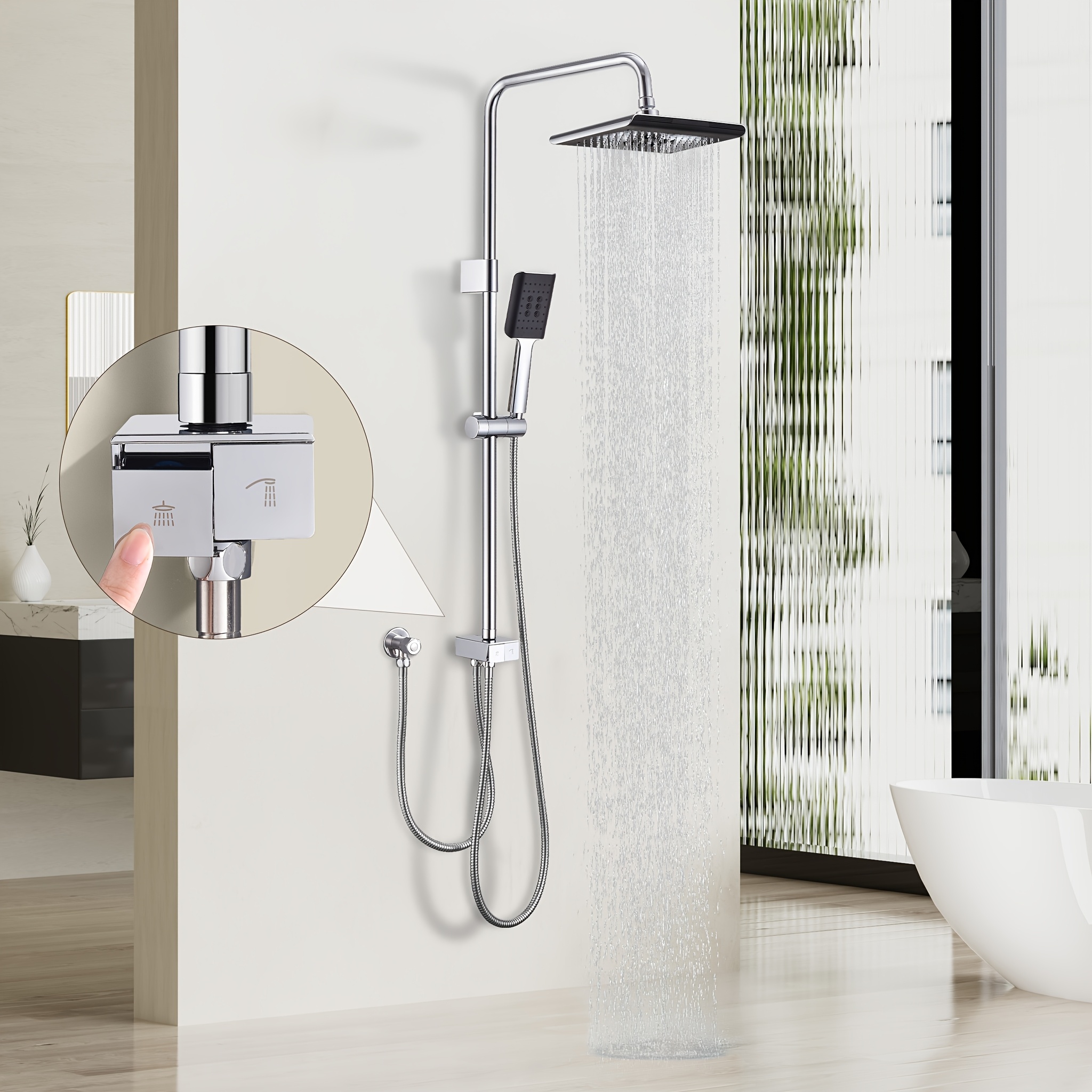 The Shower System And Bathtub Are Linked By A Flexible Shower Kit