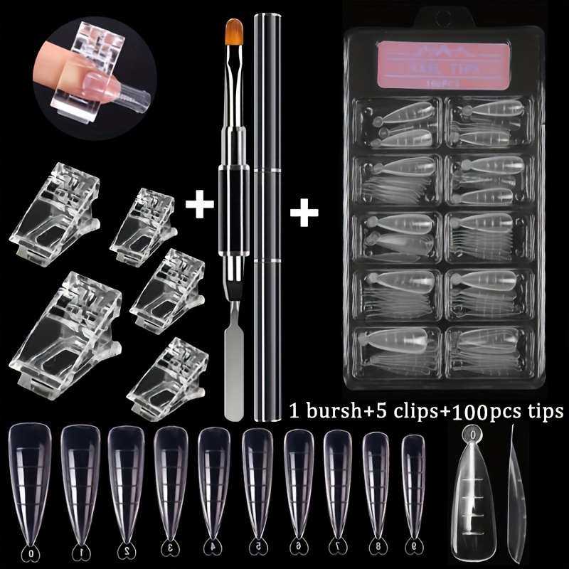 

Nail Tips Set For Quick Building Acrylic, Nails Clear Artificial False Nails Kit With Black Dual-ended Poly Gel Brush & Picker Nail Tips Clip, Manicure Diy Tool Set