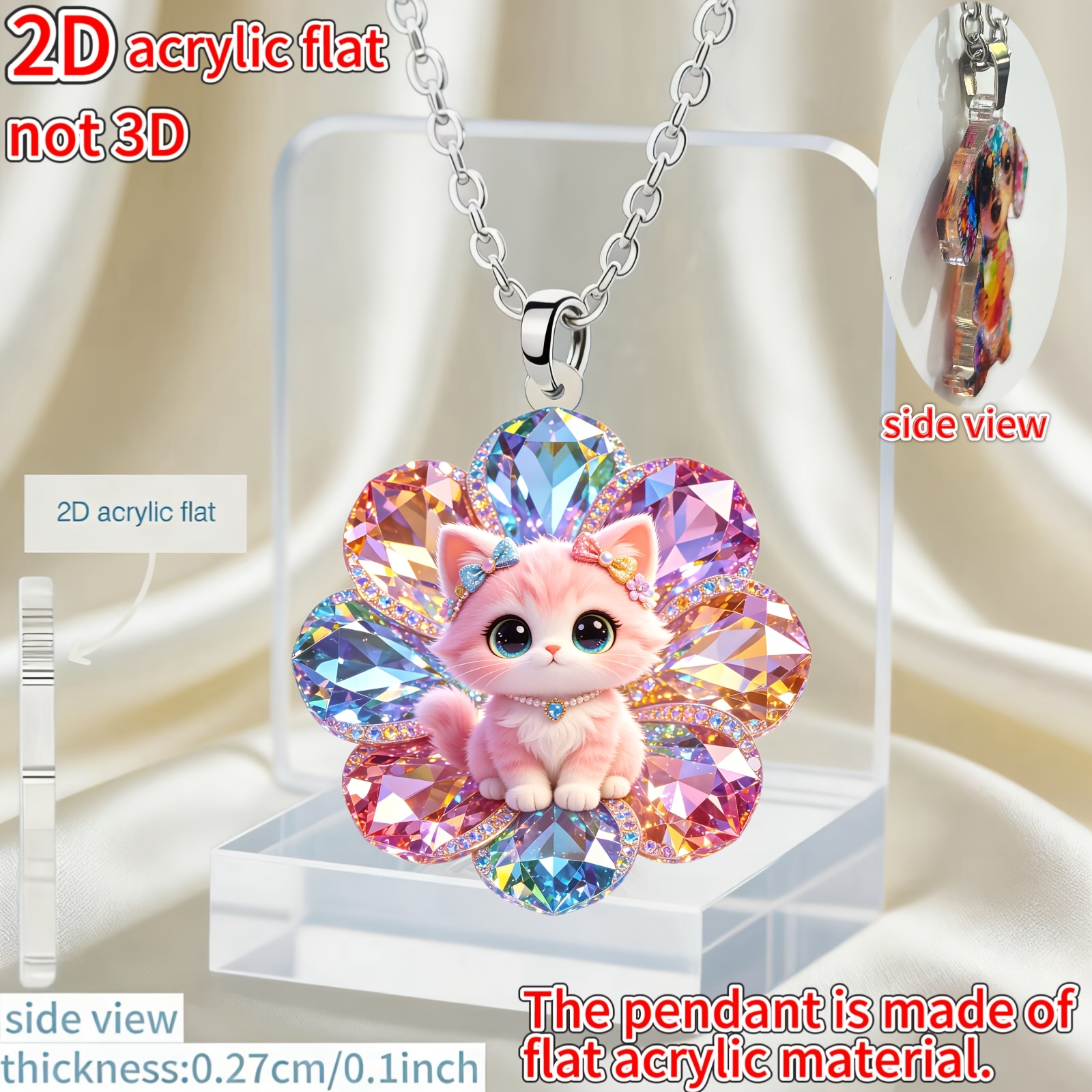 Women's Kitten in a Flower Acrylic Pendant Necklace