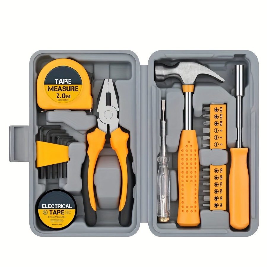 

24 In 1 Multifunctional Home Repair Hand Tool Set Pliers Wrench Hammer Tape Measure Screwdriver Yellow Hardware With Toolbox