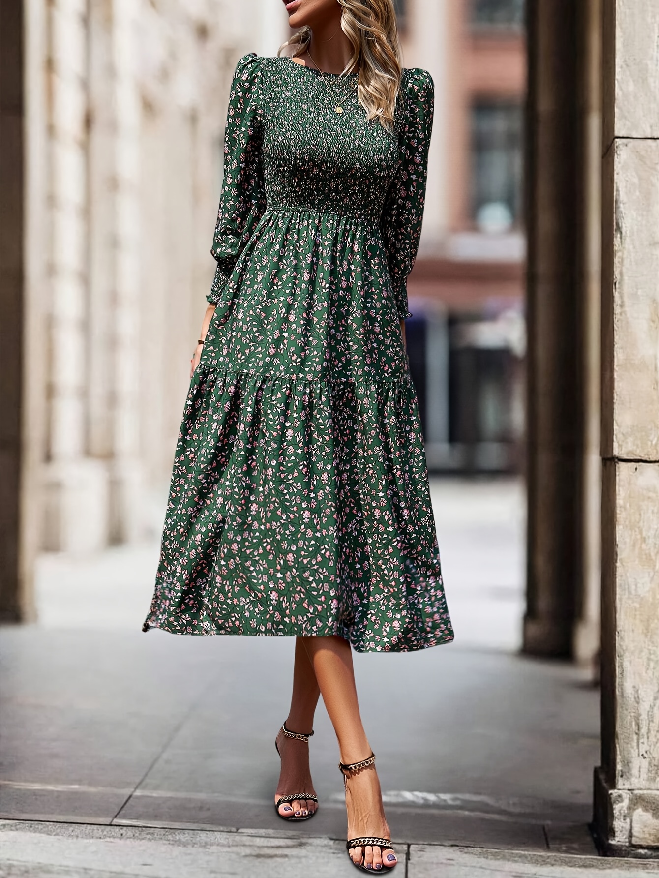 * Floral Lantern Sleeve Puff Sleeve * Hem Dress