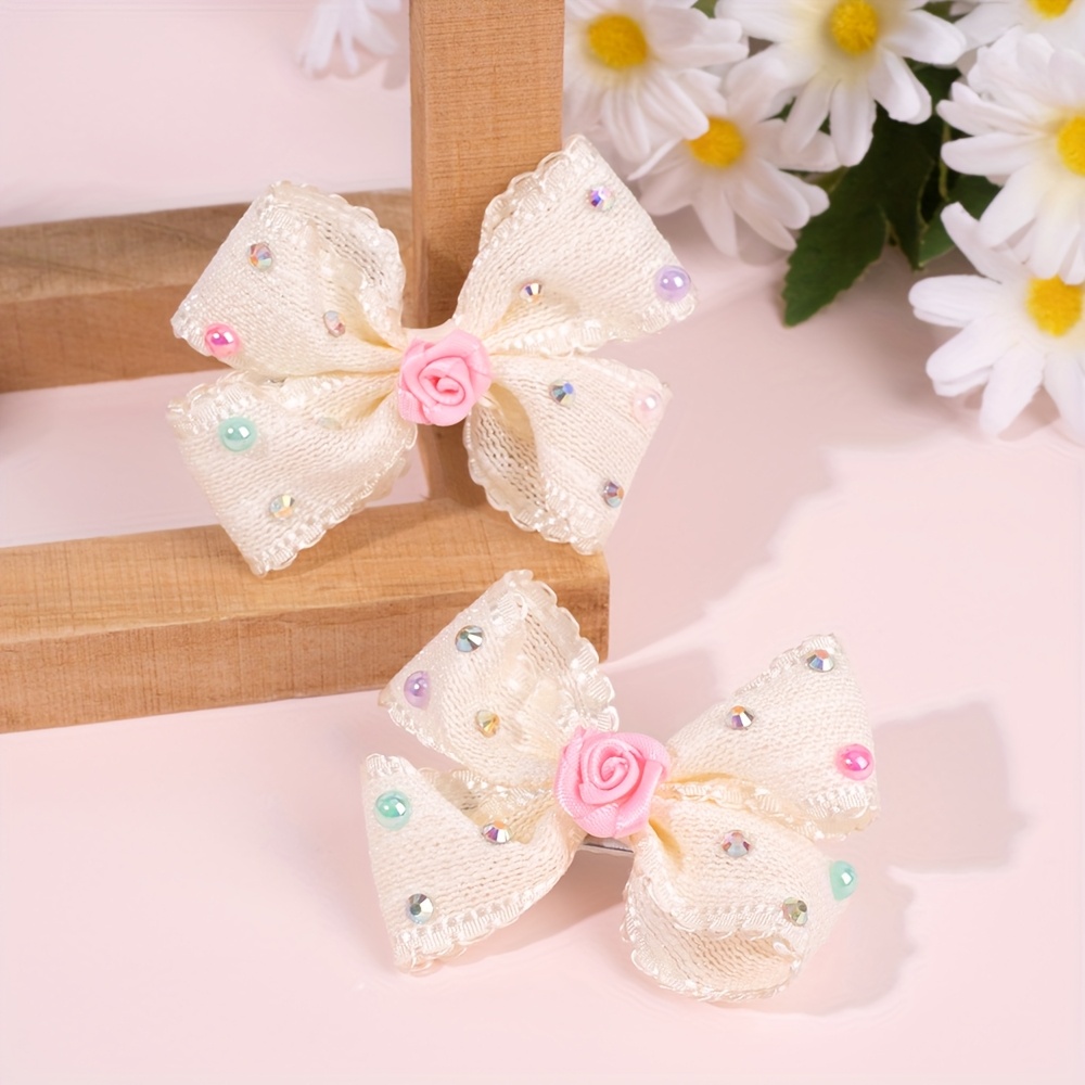 TEMU 2pcs Artificial Rose Flower Hair Bow Clips For Lace Trimmed Bow Hairpins With Colorful Beads Elegant Hair Additions For For Christmas Navidad