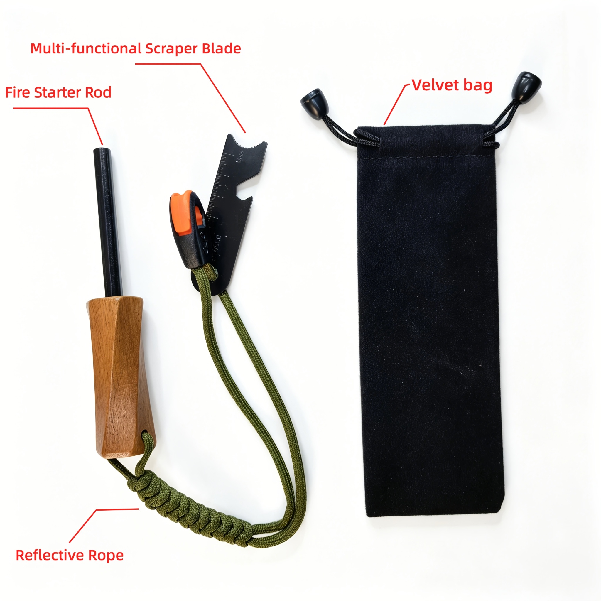 Hexagonal Fire Starter Rod Kit, 4pcs Set for All-Weather Use