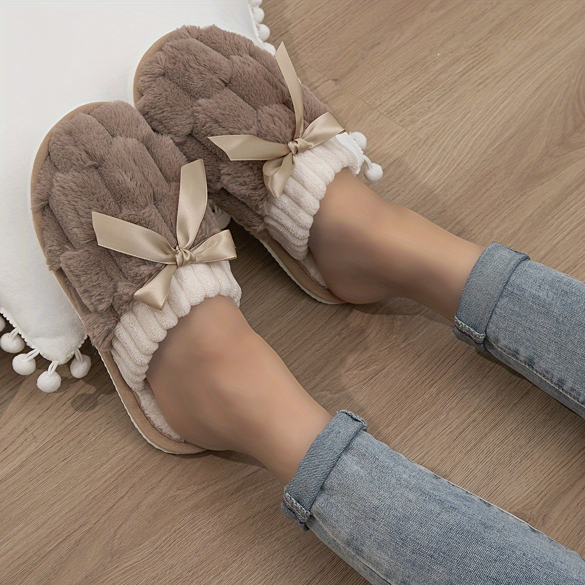 Solid Color Home Warm Slippers, Slip On Soft Sole Fluffy Flat Bowknot Decor Shoes, Winter Plush Cozy Non-slip Shoes