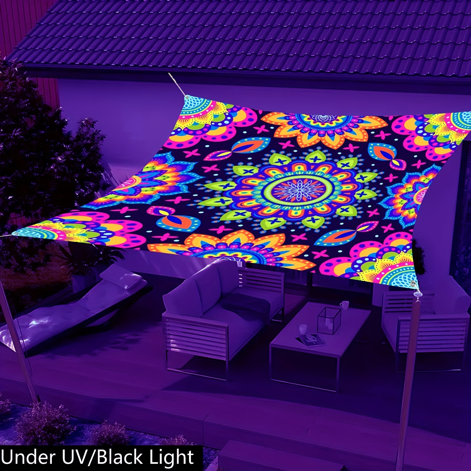 E-shop [Bohemian Outdoor Sonnenschutz] 1 Stück UV-Leuchtendes Mandala-Sonnensegel – Lebendiges Blumen- & Geometrisches Design, Leuchtet im UV-Licht,