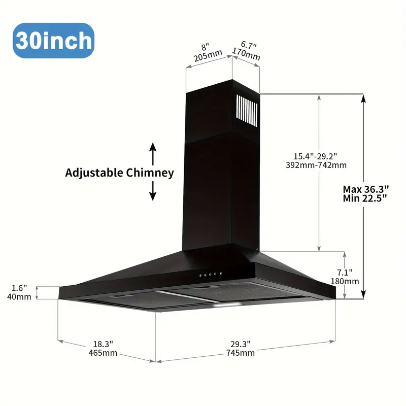 SNDOAS 30 Inch Wall Mount Kitchen Range Hood – 450 CFM, 3-Speed, Black W/ LED Lights