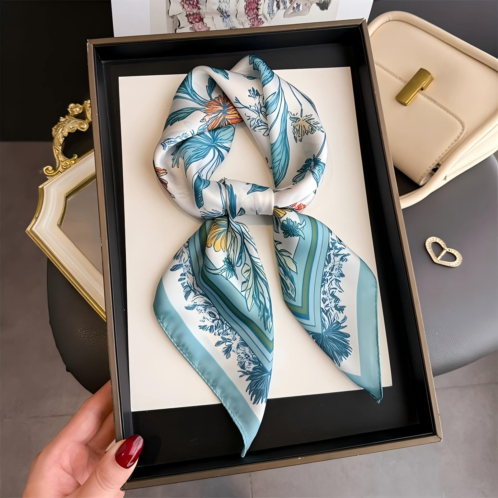 TEMU Elegant Border Floral Pattern Women' Scarf Smooth Breathable Texture Multi-functional Use Scarf Shawl Suitable For Spring And Summer
