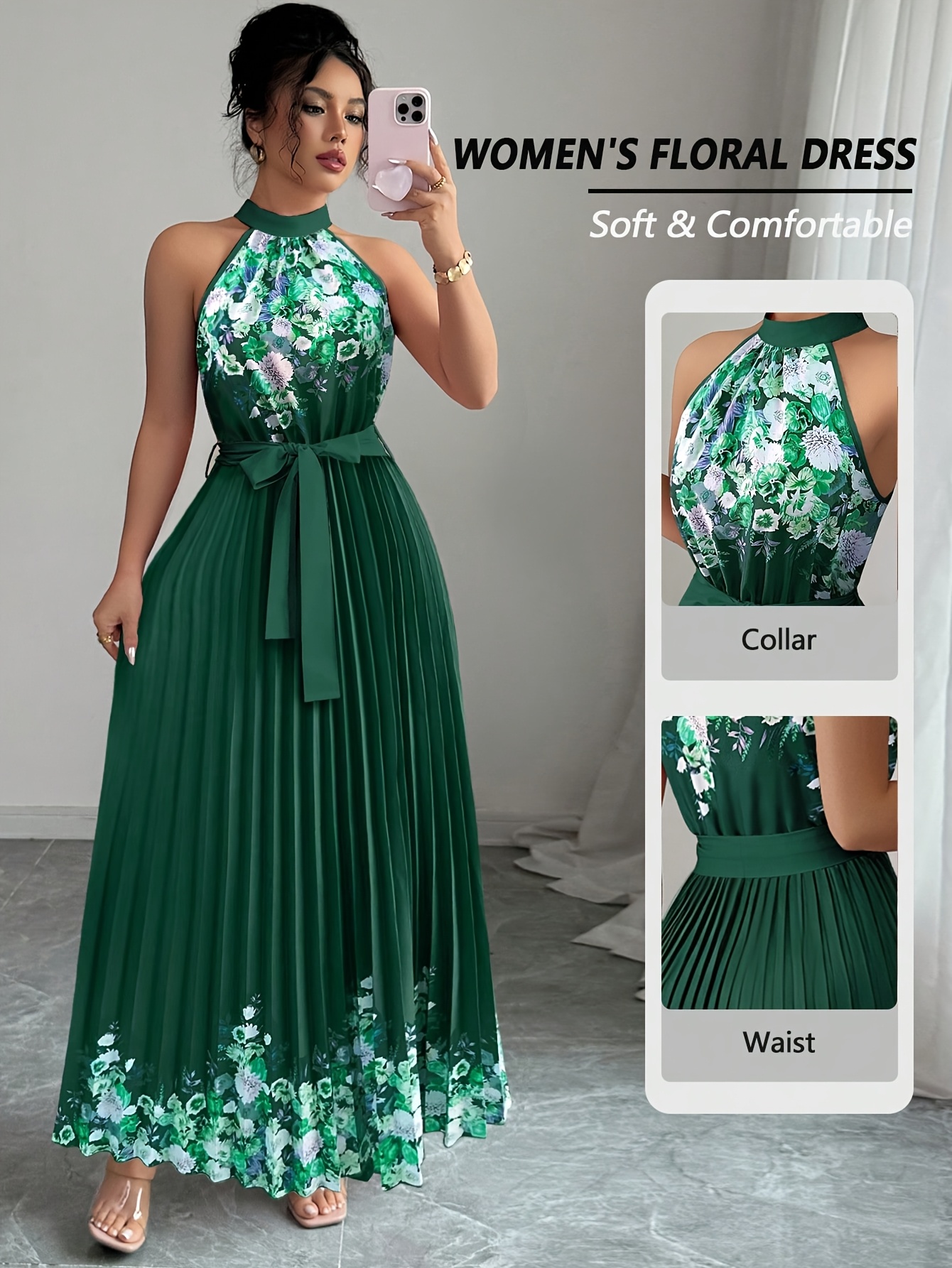Fashionable New Women'S Summer Halter Floral Print Pleated Dress