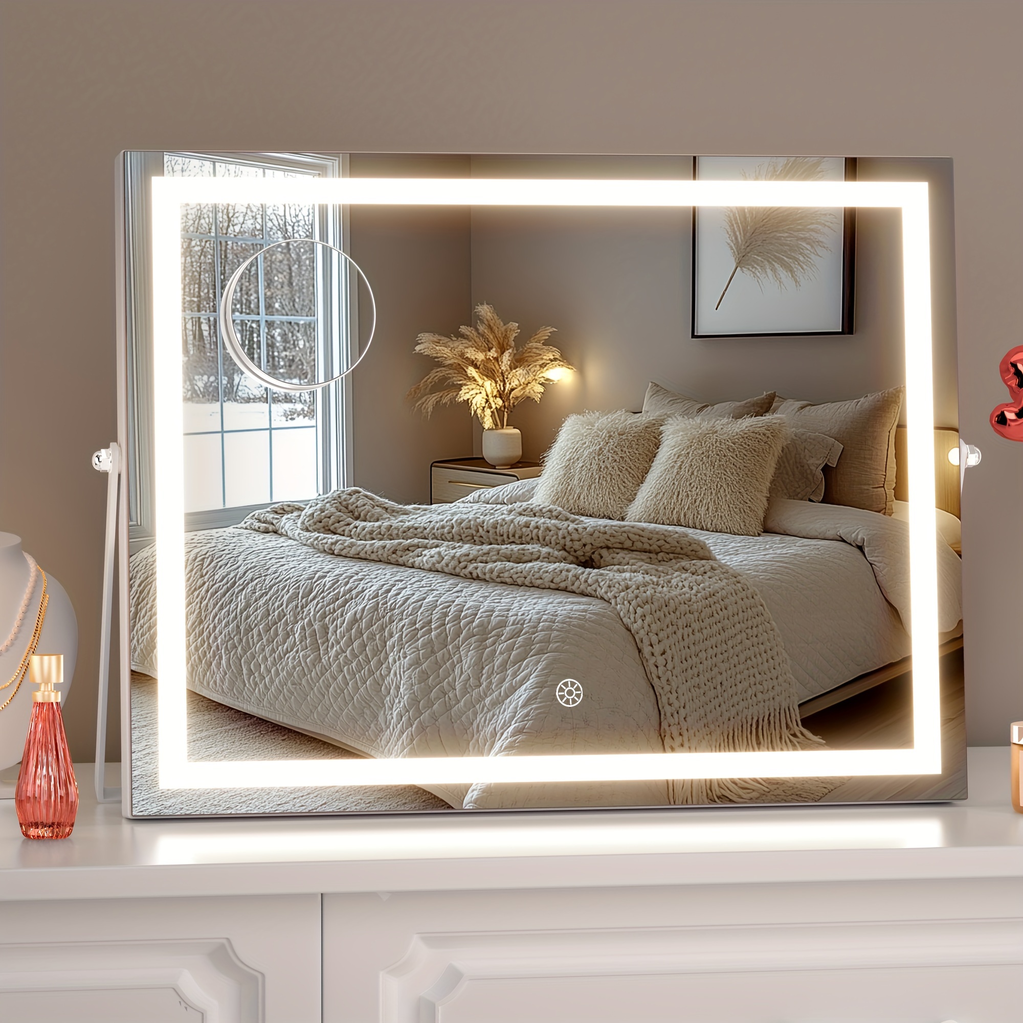 

Vanity Mirror With Lights, 14" X 11" Led Makeup Mirror, 3 Light, Smart Dimmable, 360°, Rectangle White Frame