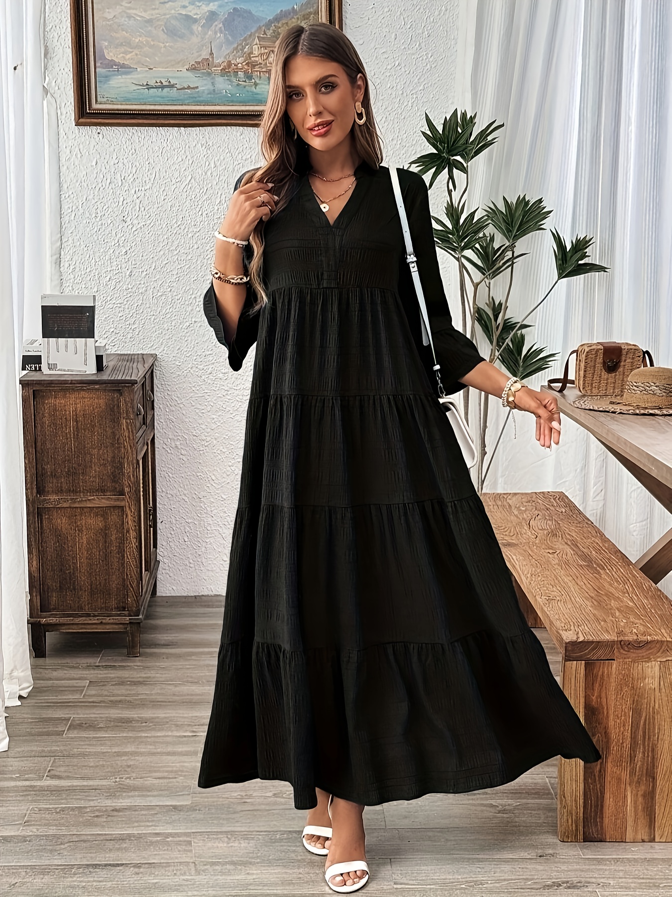 Elegant V-Neck Maxi Dress * Sleeve - Loose Fit -Line -Length Dress Suitable  for Weddings, Parties * - Spring/Fall Formal Evening Gown, Machine ...