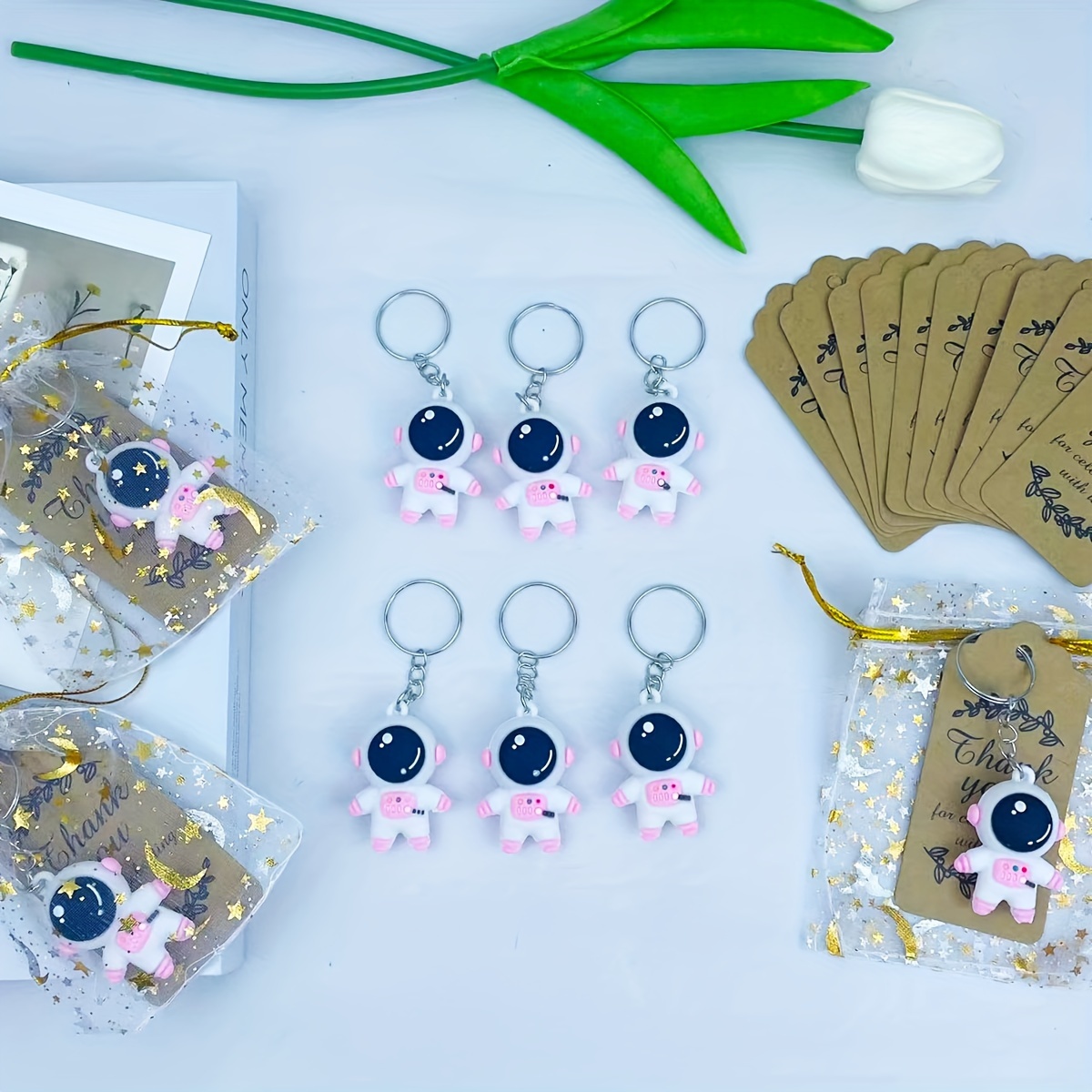 

Astronaut Keychain Set - Pvc Space Keyring Pack With Star Moon Organza Bag And Thank You Tags - Perfect For Party Favors, School Rewards, Birthday, Wedding, Couples Gifts (10pcs Pink Or 15pcs Blue)