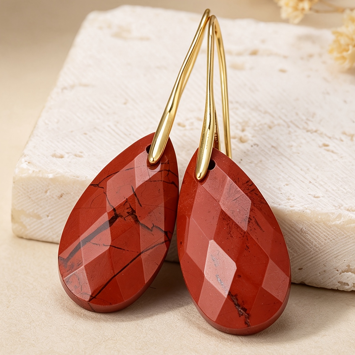 Long Teardrop Red Jasper Pendant Earrings, Vintage Bohemian Style
