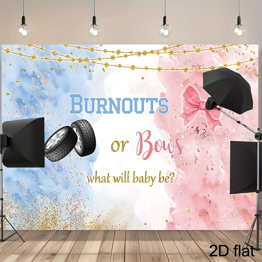 Burnouts Or Bows Gender Reveal Banner - 72x44 Inch, Pink & Blue, Reusable Fabric Backdrop