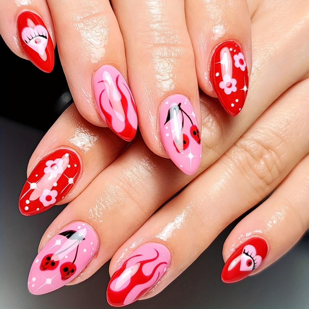 

24pcs Chic -shaped Press-on Nails With Cherry & - Vibrant Red, Pink, And White Floral Patterns For , Cherry Decor