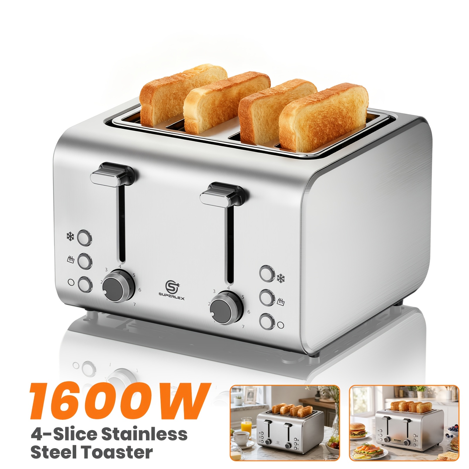 TEMU Superlex 4 Toaster 1600w, Stainless Steel With 7 Browning Settings & Digital Display, Cancel Functions, Independent For Single Or Family
