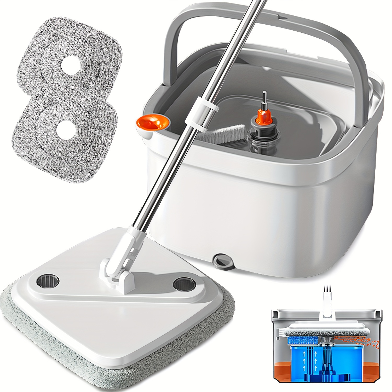 

M16 Spin Mop And Bucket Set With Self Separation M16 Dirty And Clean Water System Self Wringing 360° Rotating Square Mop-head For Hardwood Tile Marble Floors (mop And Bucket Set (2/6 Pads)