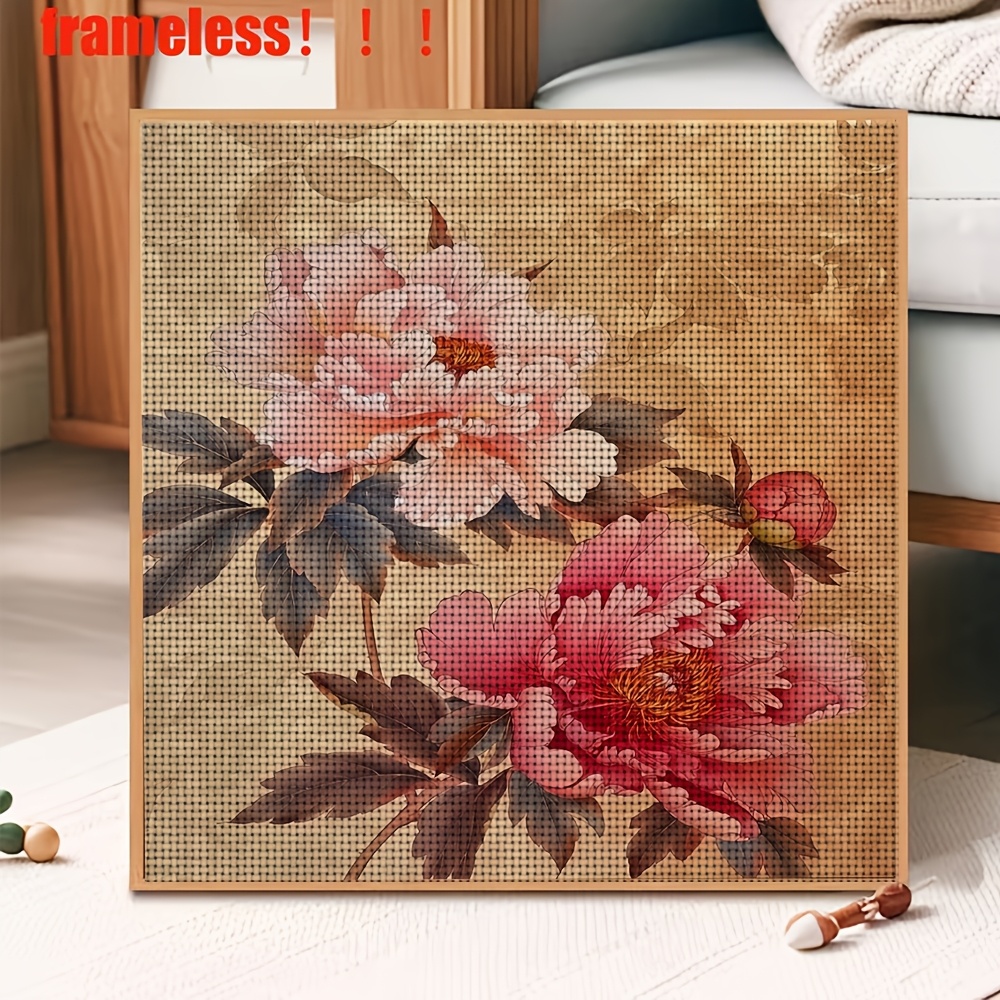 11CT Printed DIY Cross-Stitch Kit, Fine Peony Floral Pattern