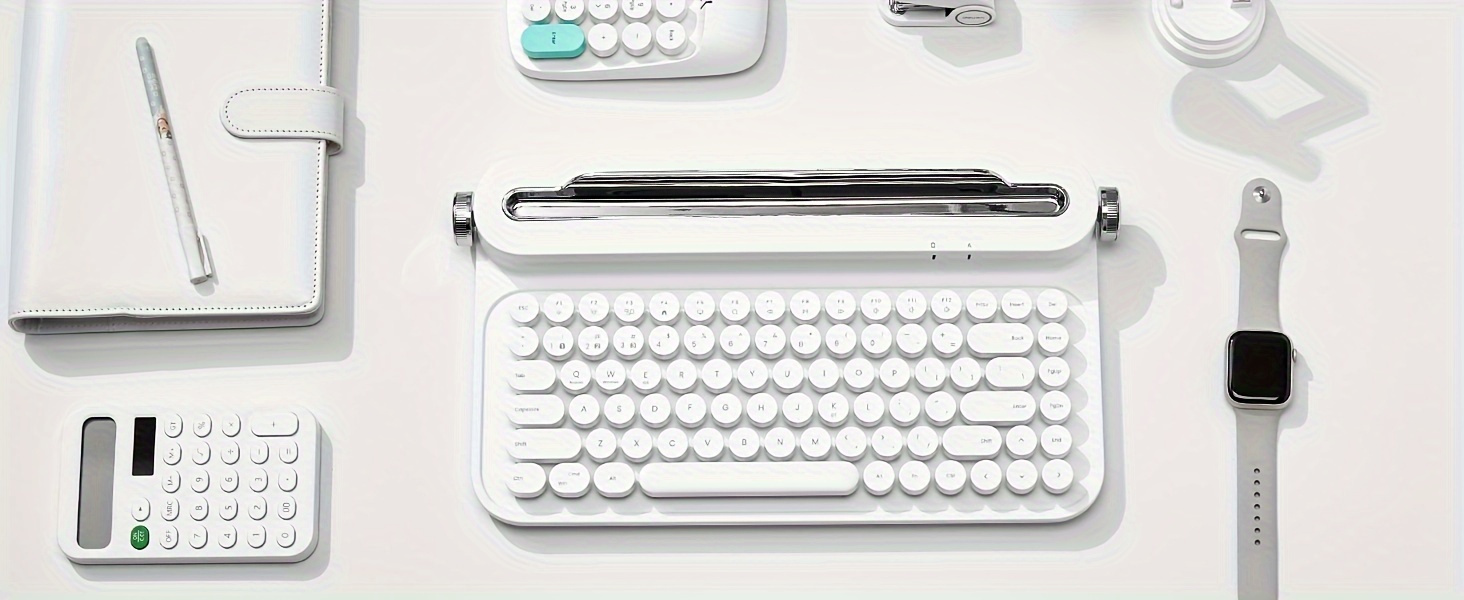  white wireless bt typewriter retro aesthetic keyboard with integrated stand for multi device details 5