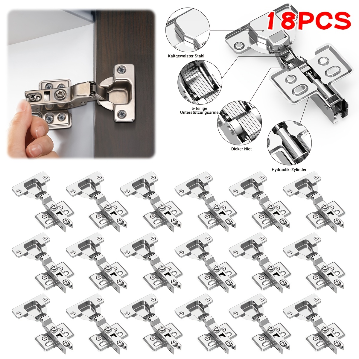Image of 18 Pack Soft Close Cabinet Hinges - Modern Hydraulic European Style Heavy Duty Metal Hinges For Kitchen Cabinets & Wardrobes - Concealed Hinges With Screws