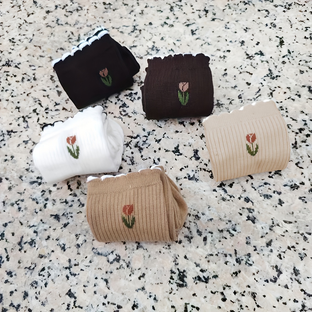 Image of 5 Pairs Of Socks Women's Mid-tube Autumn And Winter Solid Color Lace Women's Socks Japanese Retro Flower Tulip Korean Style Ins Trendy Casual Versatile Women's Pile Socks