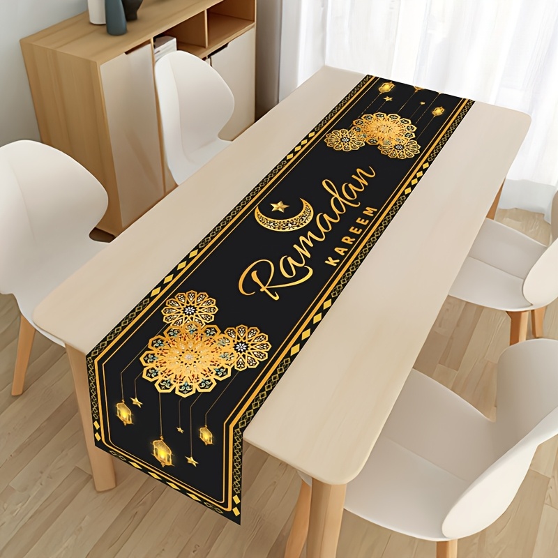 

1pc Elegant Ramadan Table Runner - 35x180cm Black & Golden , Star, Lantern Design, 100% Polyester, Ideal For Home & Party Decoration, Perfect Eid Al-fitr & Eid Al Gift, Ramadan Decor