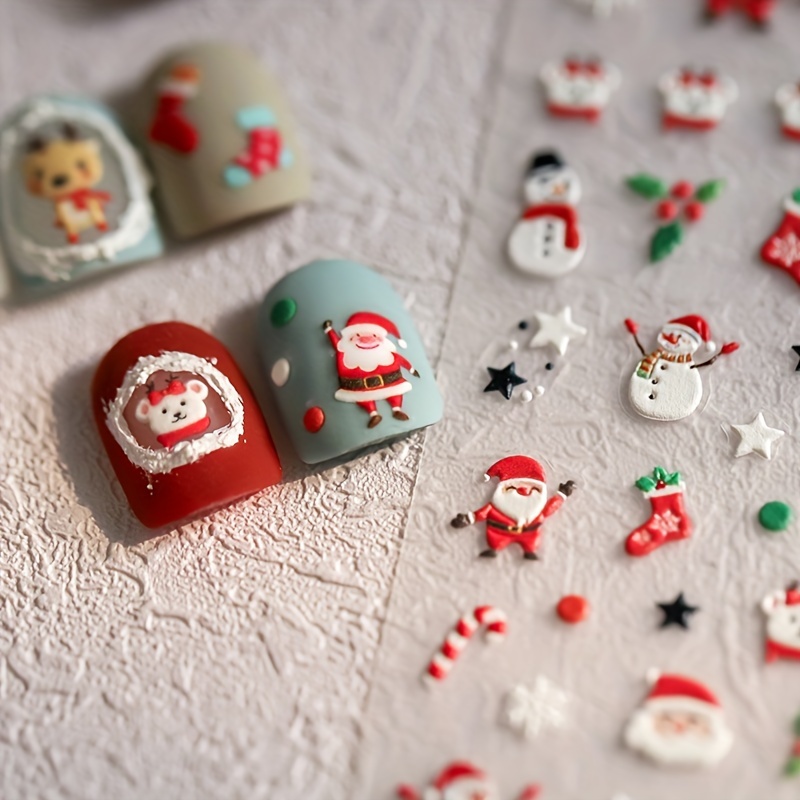 

5d Embossed Irregular Shape Cartoon Santa Claus, Snowman, And Christmas For Diy Manicure - Plastic Self-adhesive Theme For Plastic - Single Use Unscented Nail Embellishments