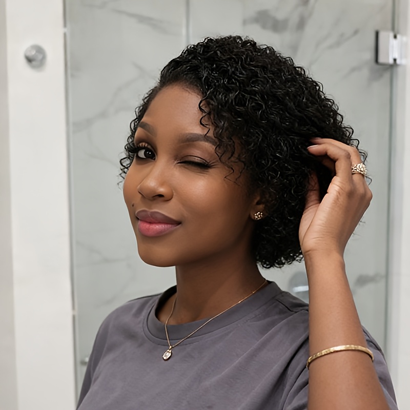 Image of Elegant Afro Curly Wave Cut 13x4x1 Lace Front Preplucked Human Hair Wig For Women Bouncy Short Curly Bob Natural Hairline For Daily Wear & Cosplay & Parties & Music Festival
