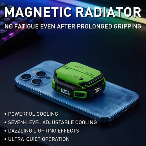 enfriador magnético para teléfono un potente flujo de aire, de enfriamiento ajustables y una iluminación . funciona con un nivel de ruido ultra y una batería de larga duración. un rendimiento de juego estable y de completo es un para los jugadores móviles.
