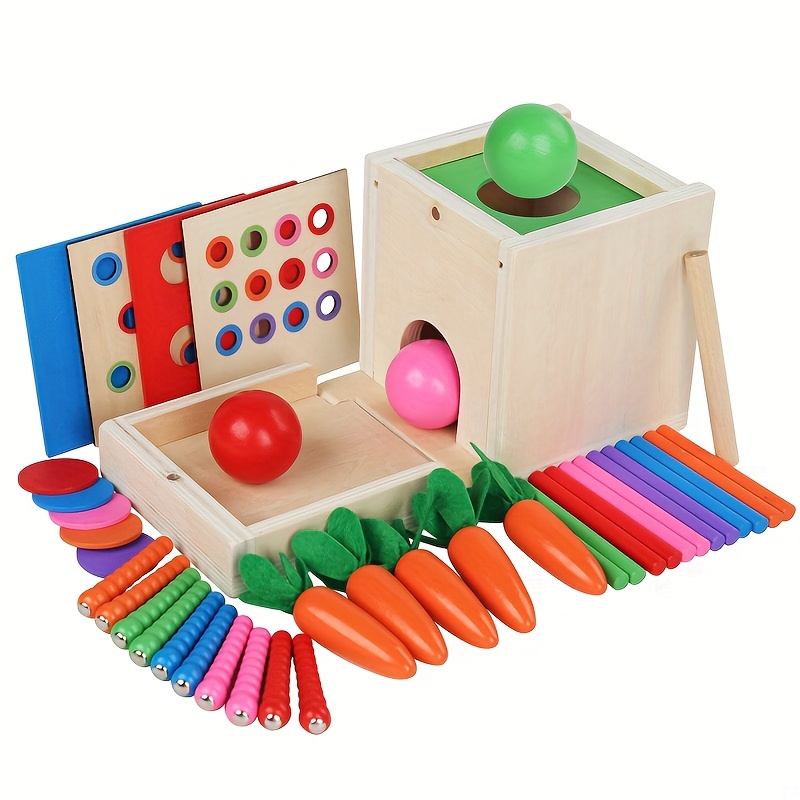 

Toddler Montessori Wooden Six-in-one Educational Toys Shape Classification Matching Coin-operated Ball Pulling Carrots Sticks Catch Bugs Clock Adjustment Game Toys Wooden Fine Motor Skills Game
